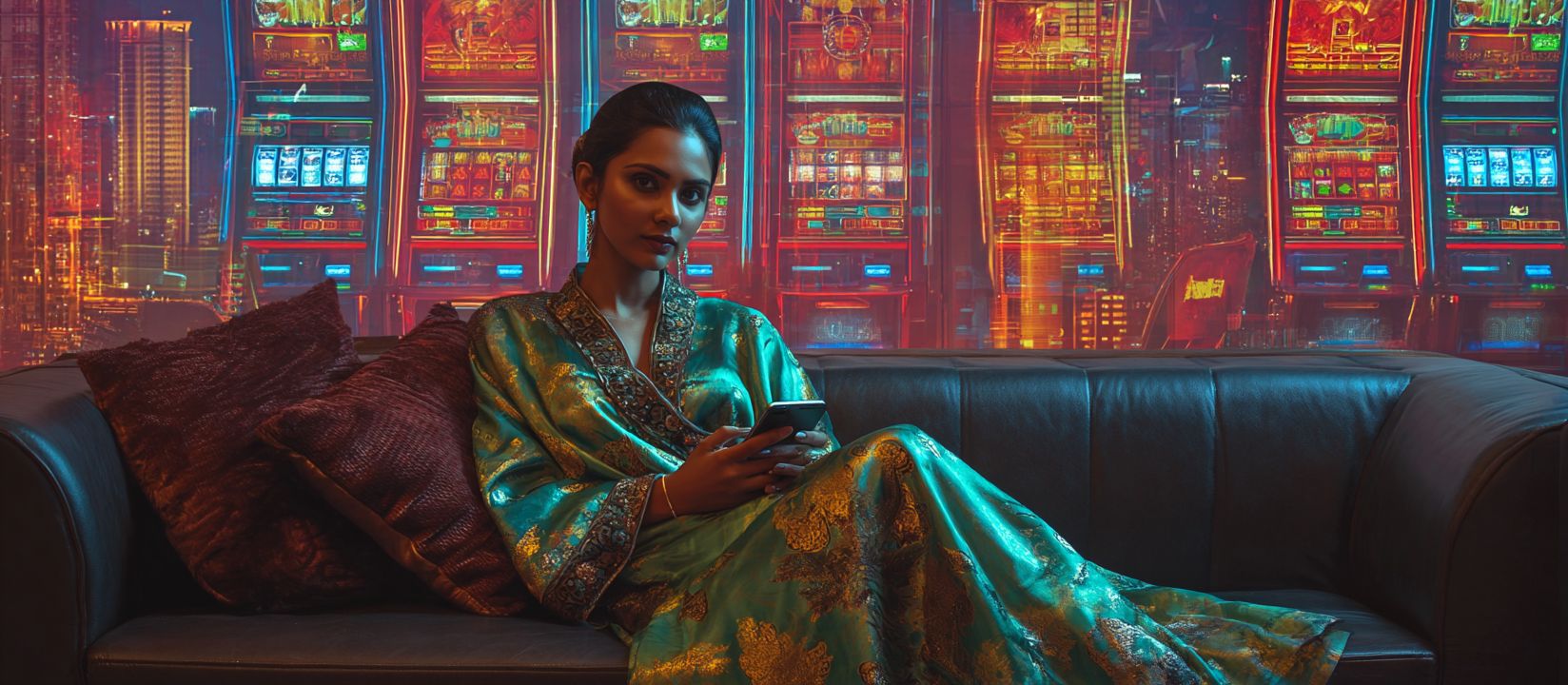A woman in a turquoise silk outfit sitting on a sofa with slot machines glowing behind her, exploring CVC666 mobile casino app.