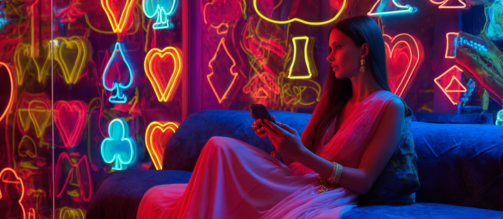 CVC666 Mobile – Enjoy seamless casino games on your smartphone A stylish woman in an elegant pink dress holding a smartphone with neon casino signs glowing around her, representing CVC666 app gaming.