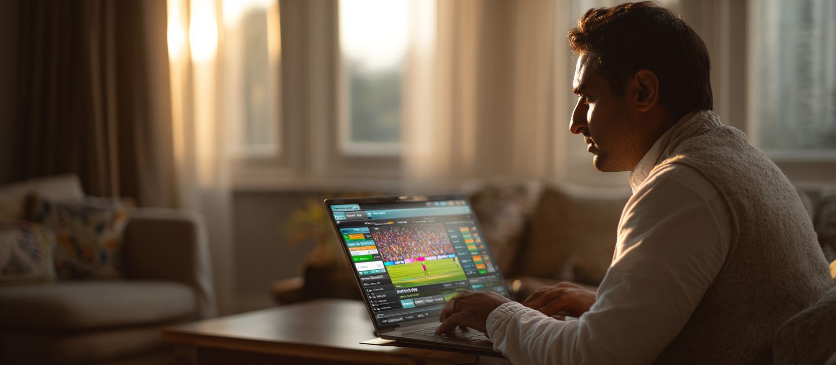 A man using a laptop for online sports betting at home with sunlight streaming through the window, showcasing CVC666 betting platform.