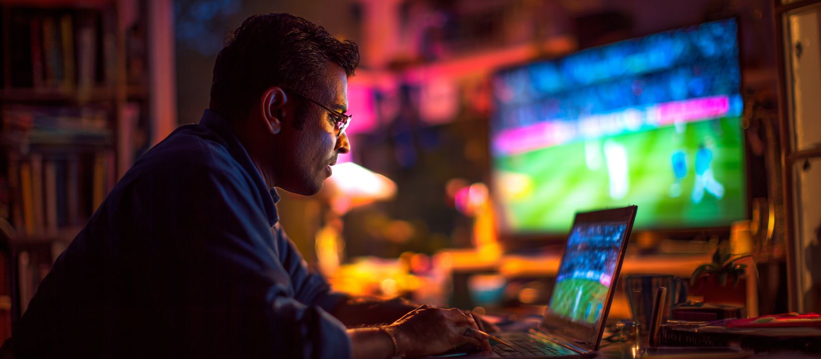 CVC666 Bet – Enjoy the thrill of live sports betting online A focused man placing bets on his laptop while watching a live sports match on TV, enjoying CVC666 betting excitement.