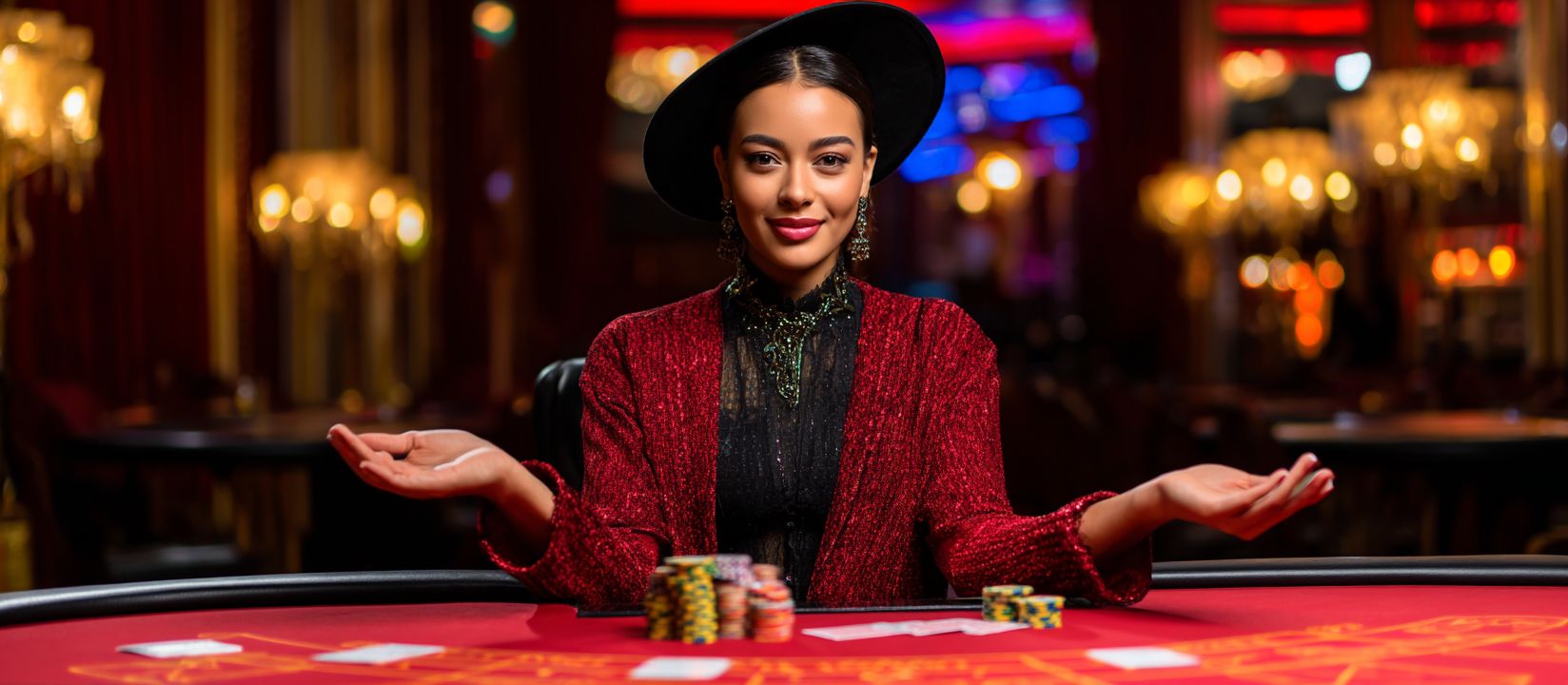 A stylish female dealer in a red jacket and black hat welcoming players at a poker table with chips, representing CVC666 live casino atmosphere.