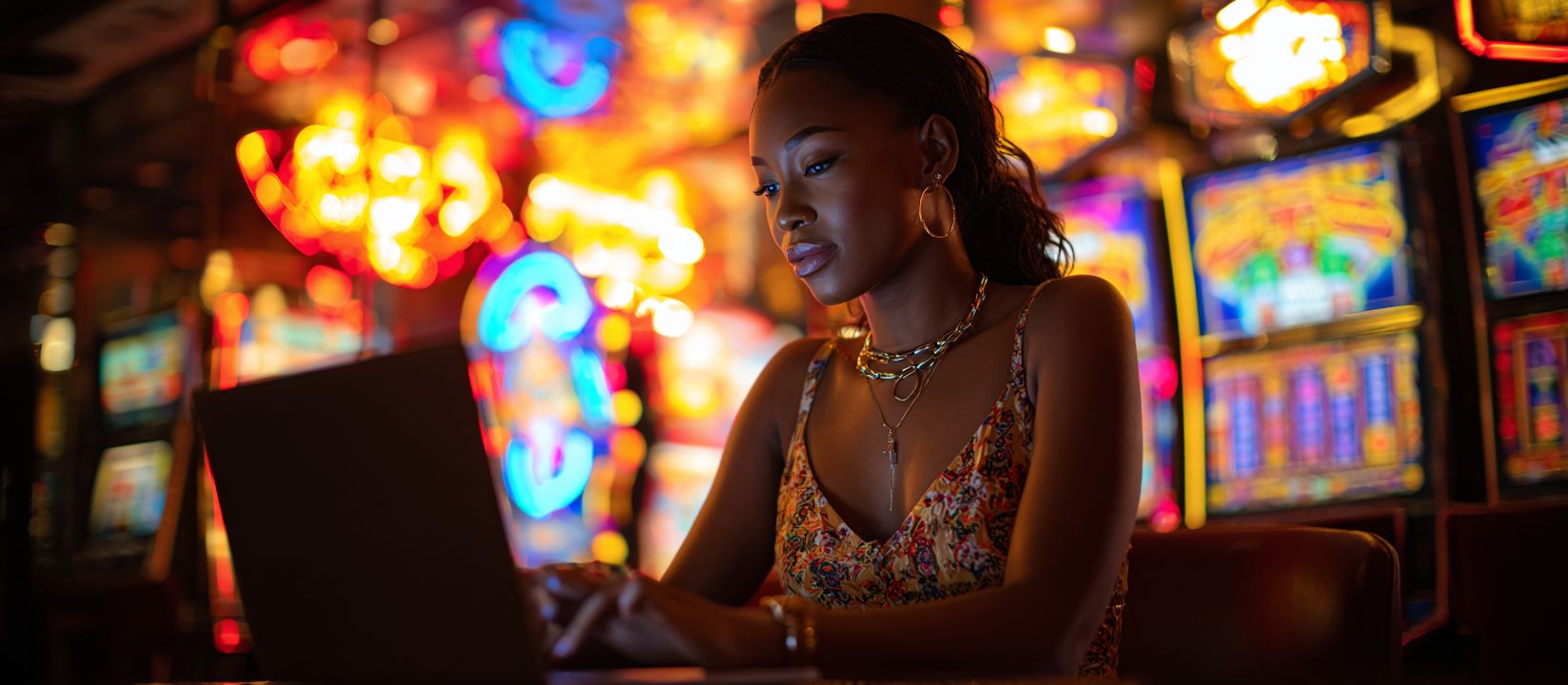 CVC666 Games – Discover the best online casino games in Bangladesh A woman using her laptop surrounded by glowing slot machines and roulette lights, exploring the world of CVC666 online games.