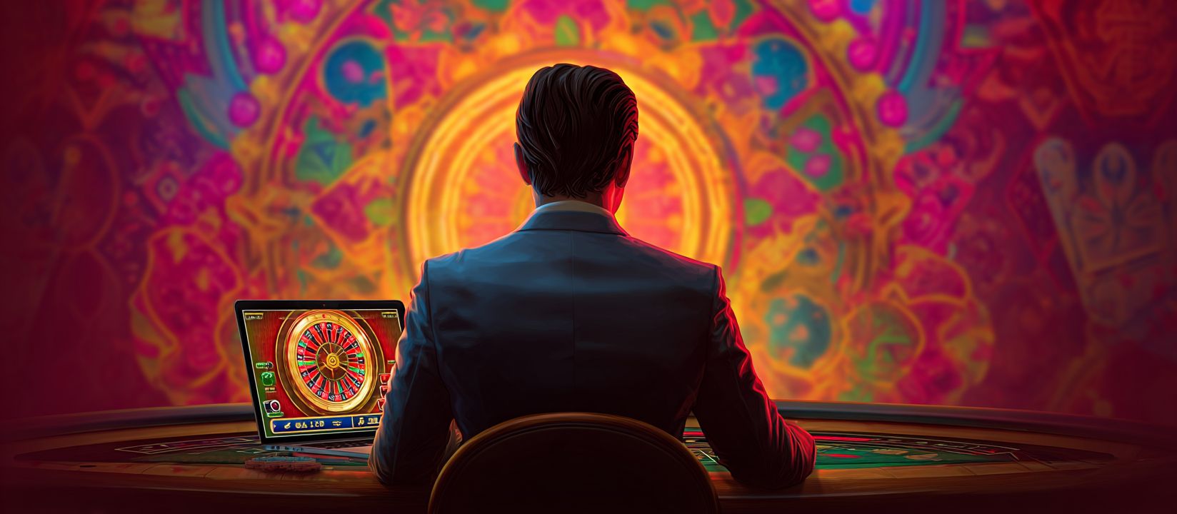 CVC666 Online Games – Premium entertainment at your fingertips A man in a suit playing roulette online on his laptop with a vibrant casino background, enjoying CVC666 digital games.