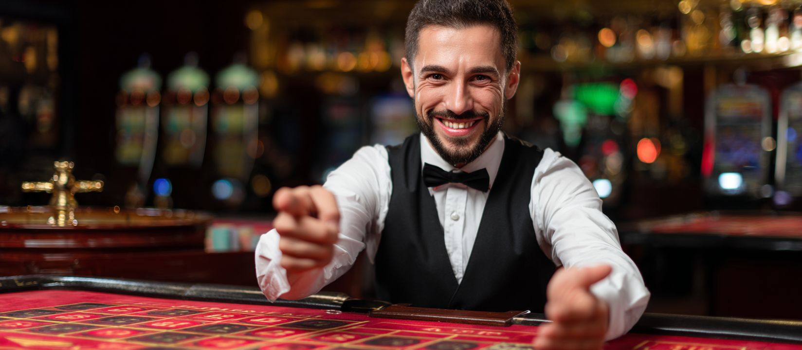 A smiling male dealer in a bow tie welcoming players at the roulette table, symbolizing CVC666 secure and friendly login access.