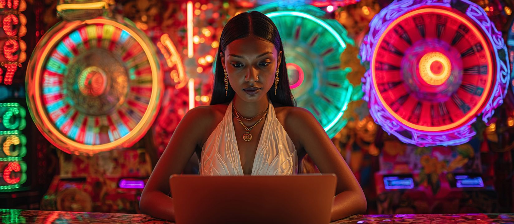 CVC666 Casino Games – Endless fun with live and online play A woman in a white dress focused on her laptop with neon roulette wheels spinning behind her, highlighting CVC666 casino games.