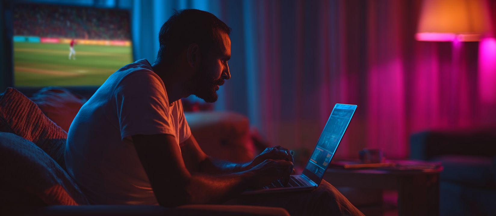 CVC666 Bet – The top destination for online sports betting in Bangladesh A man using a laptop while watching a live sports match on TV, enjoying CVC666 sports betting excitement.