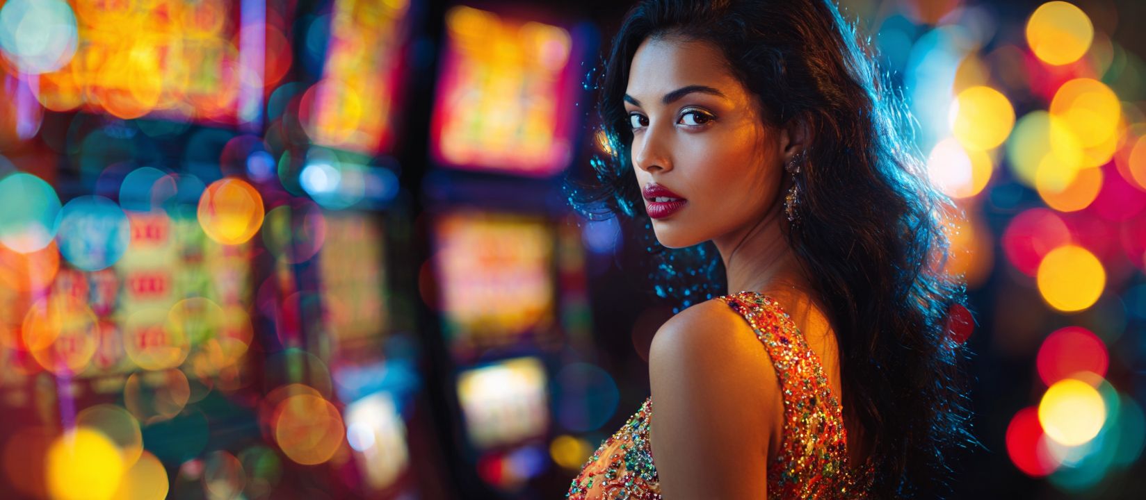 CVC666 Online Slots – Endless entertainment with every spin A woman in a glittering dress surrounded by colorful slot machines, enjoying the excitement of CVC666 slots.